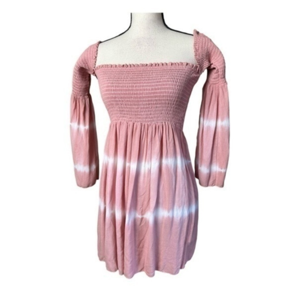 New Mono B Tie Dye Smocked Tunic Long Sleeve Top Pink White Large NWOT